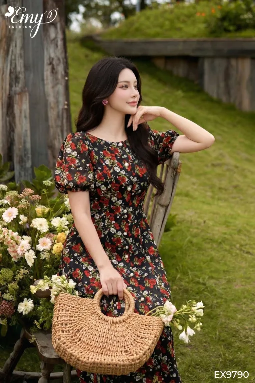 EX9790 Đầm Maxi Xoè Voan Tơ Hoa Nhí Đỏ