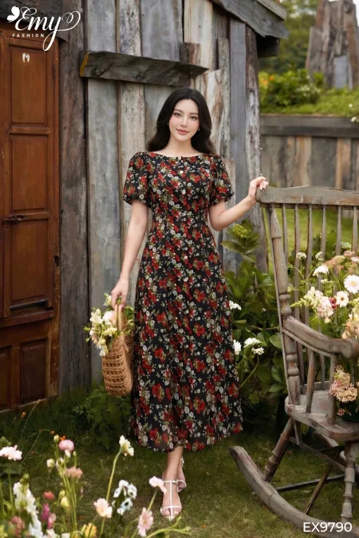 EX9790 Đầm Maxi Xoè Voan Tơ Hoa Nhí Đỏ