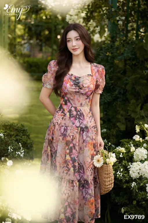 EX9789 Đầm Xoè Midi Voan Tơ Nhún Cổ