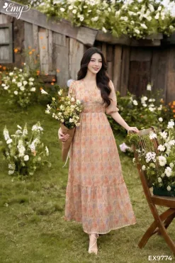 EX9774 Đầm Maxi Dáng Dài Cổ V