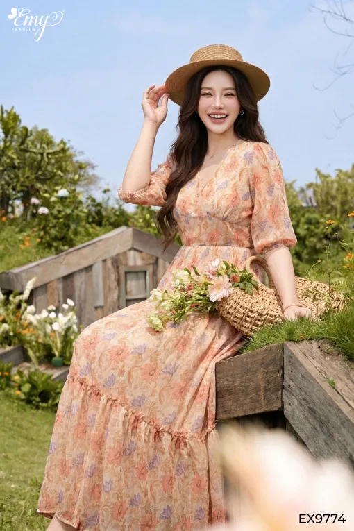 EX9774 Đầm Maxi Dáng Dài Cổ V