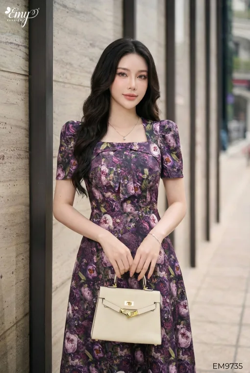 EX9735 Đầm Xoè Taffta HT Hoa Tím