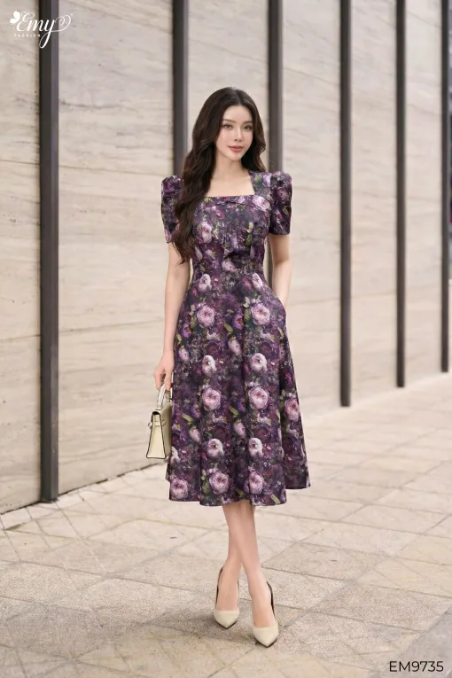 EX9735 Đầm Xoè Taffta HT Hoa Tím