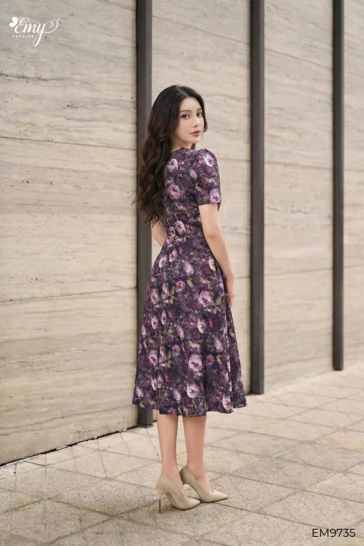 EX9735 Đầm Xoè Taffta HT Hoa Tím