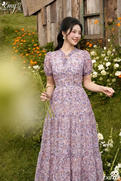 EX9772 Đầm Xoè Tơ Giấy Hoa Nhí Tím