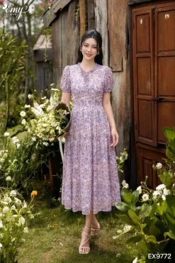 EX9772 Đầm Xo&egrave; Tơ Giấy Hoa Nh&iacute; T&iacute;m