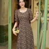 EX9778 Đầm Voan Nâu Hoa Nhí Cổ Lục Giác