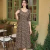 EX9778 Đầm Voan Nâu Hoa Nhí Cổ Lục Giác