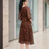 EX9775 Đầm Voan Nâu Hoa Nhí Cổ Nơ Tay Phồng