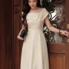 EX2261 Đầm Xòe Taffta Ánh Kim Phối Lưới