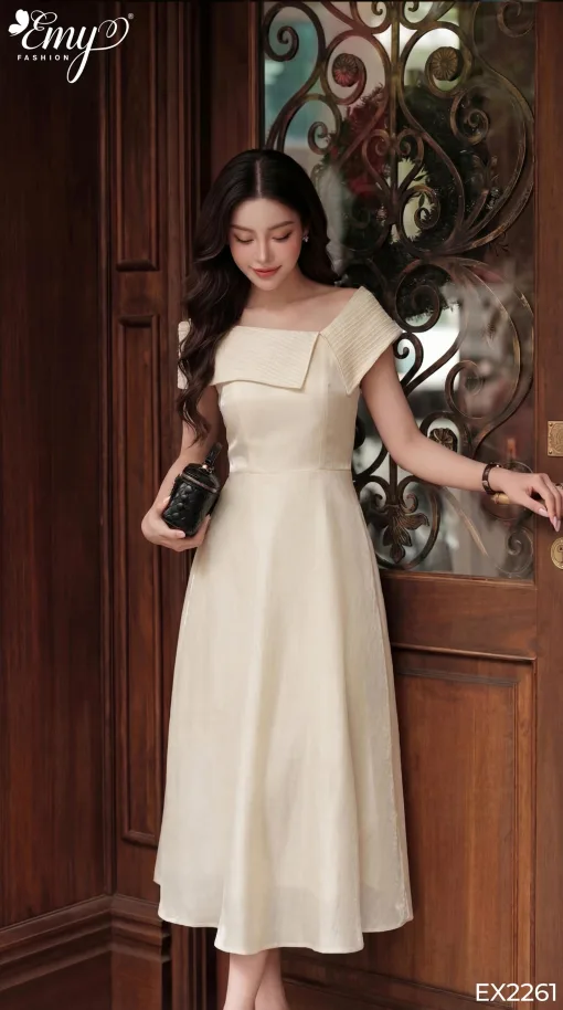 EX2261 Đầm Xòe Taffta Ánh Kim Phối Lưới