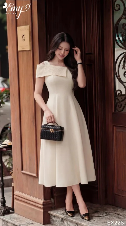 EX2261 Đầm Xòe Taffta Ánh Kim Phối Lưới
