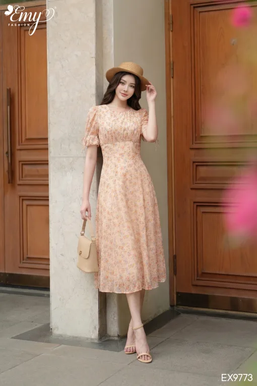 EX9773 Đầm Xoè Voan Tơ Thêu HT Hoa Nhí
