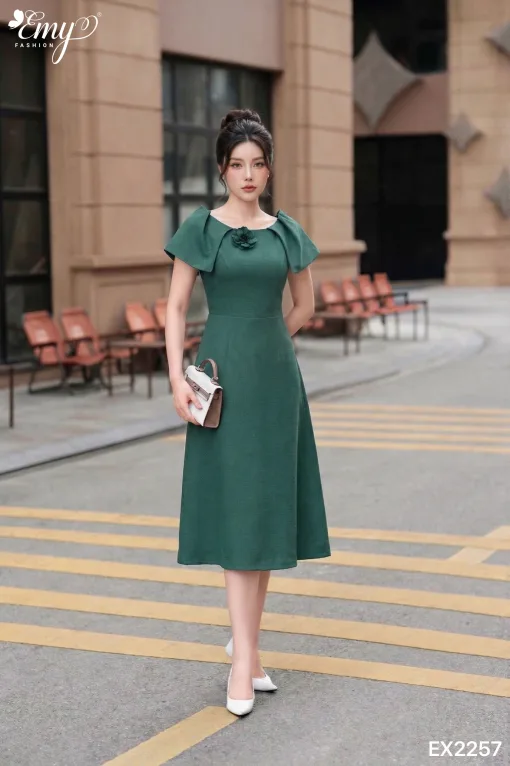 EX2257 Đầm Xòe Xước Lạnh Xanh Đậu Choàng Vai