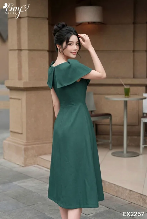 EX2257 Đầm Xòe Xước Lạnh Xanh Đậu Choàng Vai
