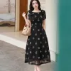 EX2258 Đầm Xoè Voan Tơ Thêu Nền Đen HT Hoa Trắng