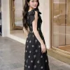 EX2258 Đầm Xoè Voan Tơ Thêu Nền Đen HT Hoa Trắng