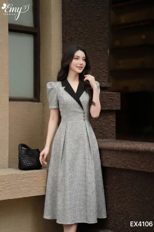 EX4106 Đầm Xòe Tweed Xám Cổ Đắp Chéo Tôn Dáng