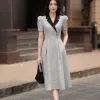 EX4106 Đầm Xòe Tweed Xám Cổ Đắp Chéo Tôn Dáng