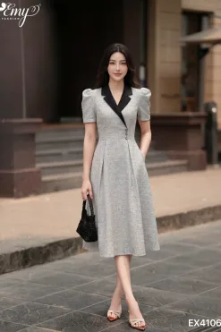 EX4106 Đầm Xòe Tweed Xám Cổ Đắp Chéo Tôn Dáng