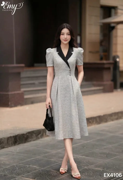 EX4106 Đầm Xòe Tweed Xám Cổ Đắp Chéo Tôn Dáng