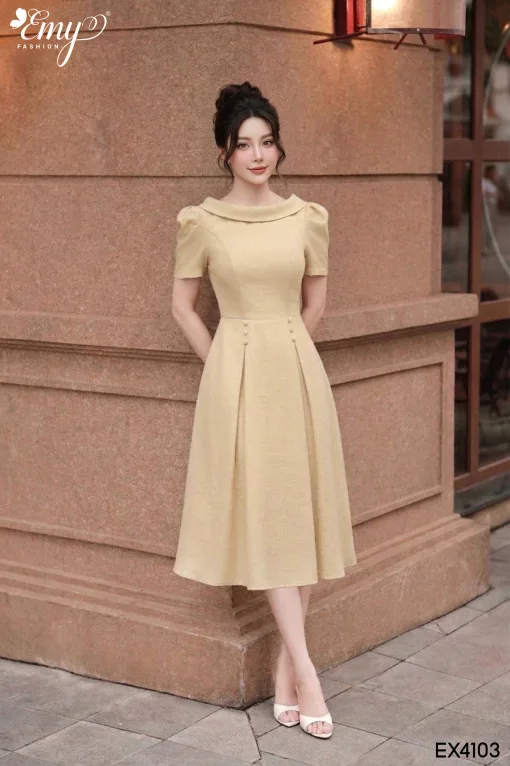 EX4103 Đầm Xòe Đũi Vân Be Tùng Xếp Ly