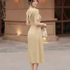 EX4103 Đầm Xòe Đũi Vân Be Tùng Xếp Ly