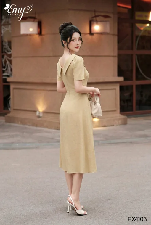 EX4103 Đầm Xòe Đũi Vân Be Tùng Xếp Ly