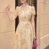 EX2263 Đầm Xòe Voan Tơ Ánh HT Vàng Kem