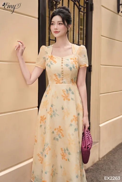 EX2263 Đầm Xòe Voan Tơ Ánh HT Vàng Kem