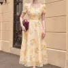 EX2263 Đầm Xòe Voan Tơ Ánh HT Vàng Kem