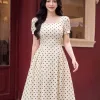 EX2266 Đầm Xòe Linnen Xược Nền Kem Chấm Bi