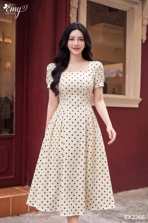 EX2266 Đầm Xòe Linnen Xược Nền Kem Chấm Bi