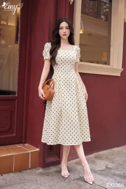 EX2266 Đầm Xòe Linnen Xược Nền Kem Chấm Bi