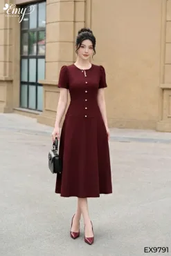 EM9791 Đầm Xoè Chéo Thái Đỏ Xếp Ply Eo