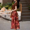 V4113 Váy Xòe Taffta Nền Nâu Hoa Đỏ