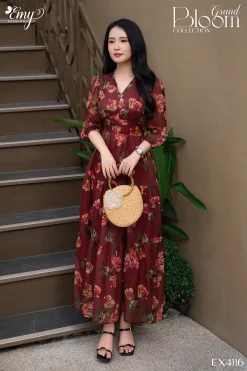 EX4116 Đầm Xoè Voan Tơ Nâu Đỏ HT Hoa