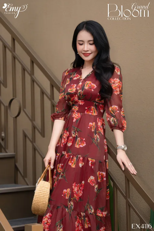 EX4116 Đầm Xoè Voan Tơ Nâu Đỏ HT Hoa