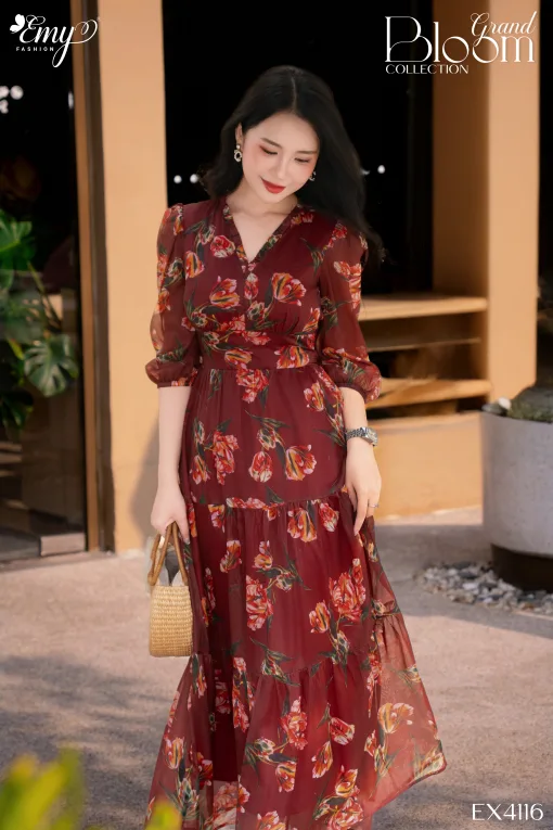 EX4116 Đầm Xoè Voan Tơ Nâu Đỏ HT Hoa