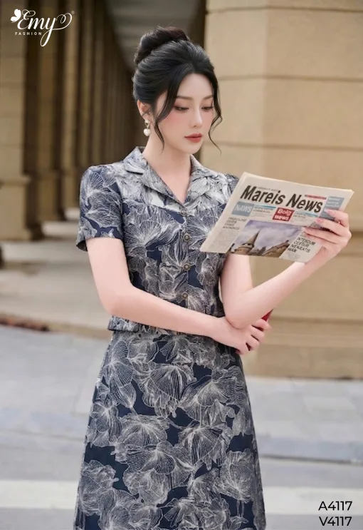 A4117 Áo Peplum Gấm Nền Xanh HT Hoa Xám