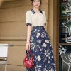 V9794 Chân Váy Lụa Hoạ Tiết Hoa Xanh