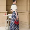 V9794 Chân Váy Lụa Hoạ Tiết Hoa Xanh