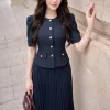 A4118 Áo xanh Denim Cổ Tròn Tay Phồng Cài Nút