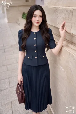 A4118 Áo xanh Denim Cổ Tròn Tay Phồng Cài Nút
