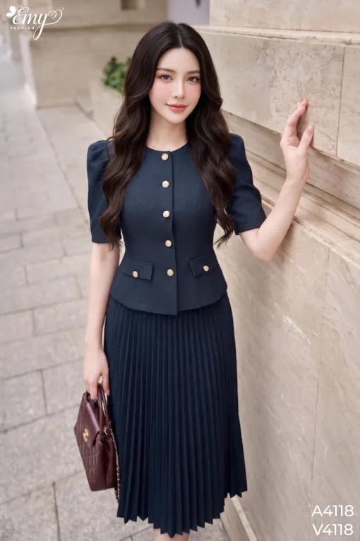 A4118 Áo xanh Denim Cổ Tròn Tay Phồng Cài Nút