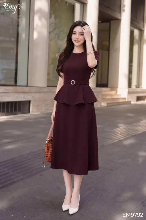 EM9792 Đầm Peplum Kaki Dáng A Thanh Lịch