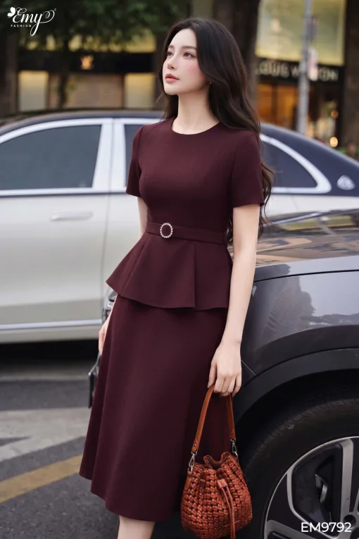 EM9792 Đầm Peplum Kaki Dáng A Thanh Lịch
