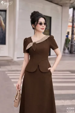 A2269 Áo Bố RuBy Nâu Phối Lá Cổ