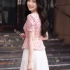 A4109 Áo Peplum Linen Xược Hồng Đất Chấm Bi