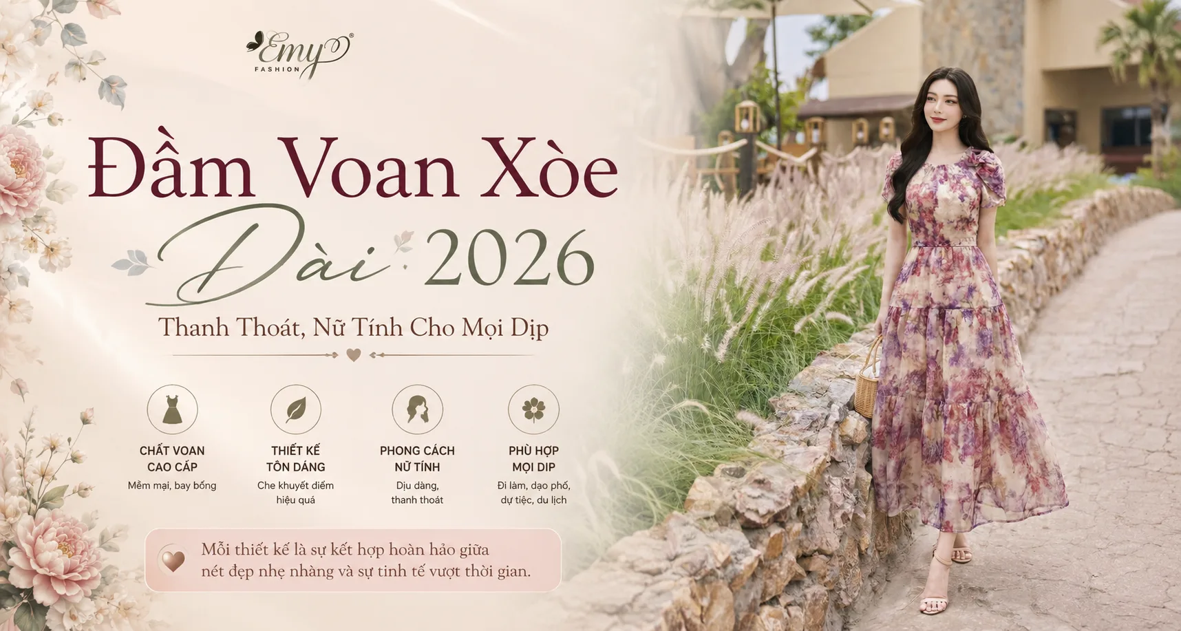 Đầm Voan Xòe Dài 2026 – Thanh Thoát, Nữ Tính Cho Mọi Dịp